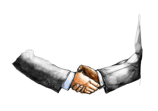 creative drawing sketch of two businessman shaking hand each other for make a deal after the agreement isolated on white background