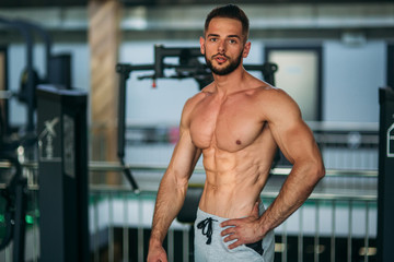 Young athlete posing with a torso for photography on a gym background. Bodybuilder, athlete with pumped muscles