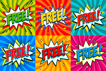 Fototapeta premium Free - Comic book style stickers. Free banners in pop art comic style. Color summer banners in pop art style Ideal for web. Decorative backgrounds with bomb explosive.