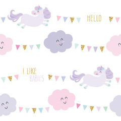Unicorn bithday seamless pattern background with bunting flags and clouds.