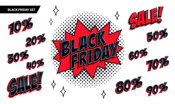 Black Friday sale set. Black friday and sale inscription and all percent numbers. Black and red colors. Pop-art comics style web banner, flash animation.