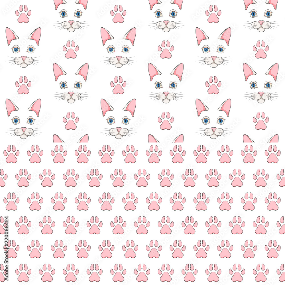Aufkleber set of seamless patterns with white cat face and paw prints. colored vector backgrounds on a white b