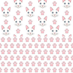 Set of seamless patterns with white cat face and paw prints. Colored vector backgrounds on a white background.