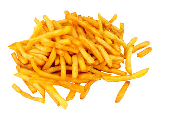 Group of crispy golden French fries isolated on a white background