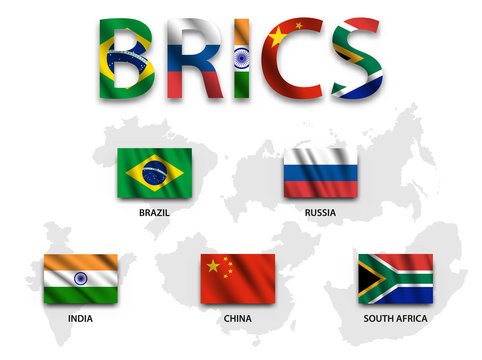 BRICS . association of 5 countries ( brazil . russia . india . china . south africa ) . waving flag and map . vector