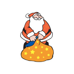 Santa Claus opening sack with stars, bag with toys, gifts. Christmas Vector Illustration, Xmas template design