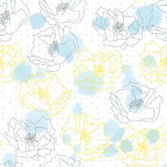 Poppy flowers on abstract watercolor splashes background. Floral vector seamless pattern with hand drawn  flowers.