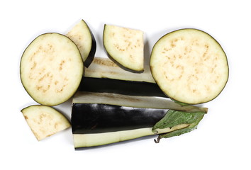 Eggplant slices isolated on white background, top view