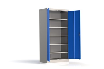 Metal cabinet with shelves for tools. Fireproof shelving for documents. 3D model rendering.