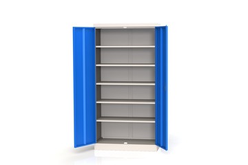 Metal cabinet with shelves for tools. Fireproof shelving for documents. 3D model rendering.