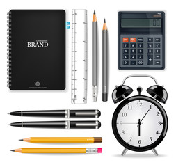Office supplies Vector realistic. Alarm clock, calculator, notebook and pen tools. Detailed 3d illustrations