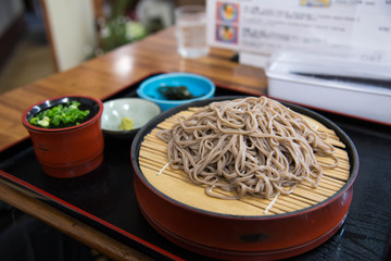 Zaru soba ramen is Japanese food. Cold soba with soup like to eat in summer.
