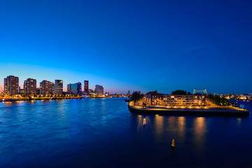 Naklejka premium Rotterdam cityscape with Noordereiland at night, Netherlands