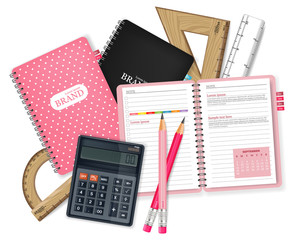 School supplies Vector realistic. Calculator, note book, rulers and pen tools. Detailed 3d illustrations
