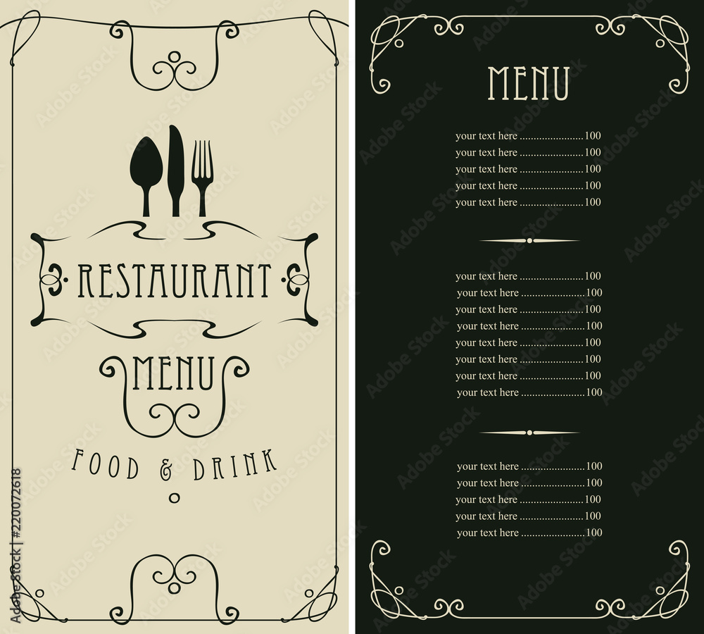 Poster template vector menu for restaurant with price list, flatware in frame with curls in baroque style