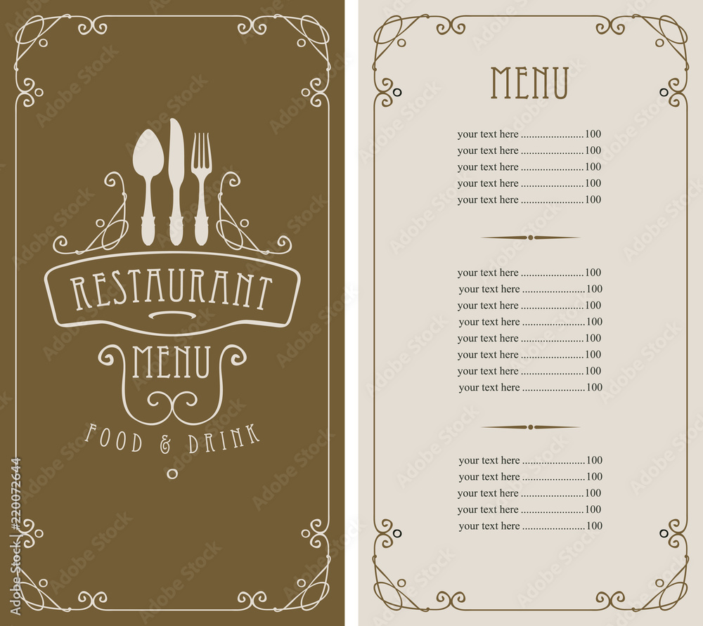 Poster template vector menu for restaurant with price list, flatware in frame with curls in baroque style