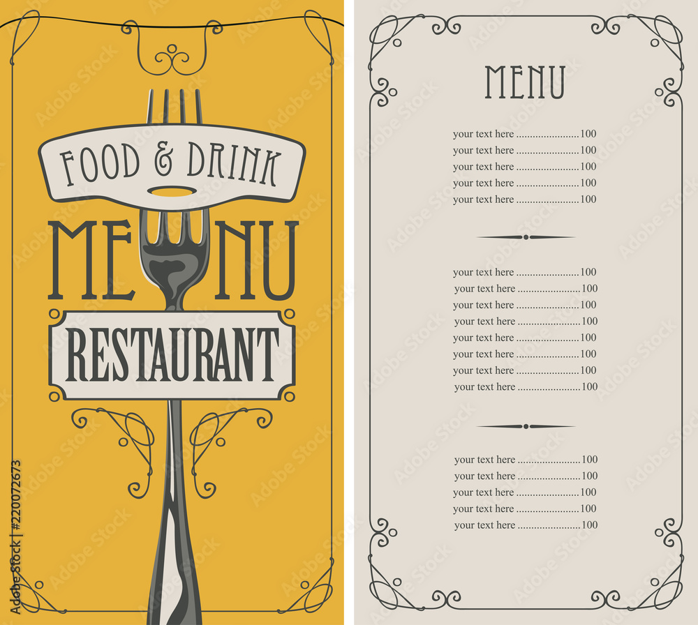 Poster vector template menu for restaurant with price list and realistic fork in figured frame with curls o