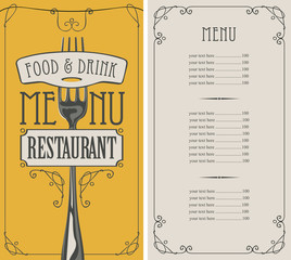 Vector template menu for restaurant with price list and realistic fork in figured frame with curls on yellow background in retro style