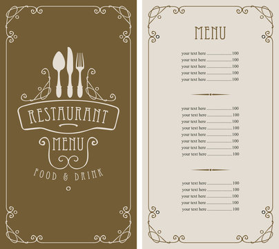 Template vector menu for restaurant with price list, flatware in frame with curls in baroque style