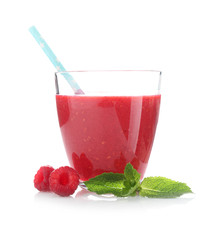 Glass of tasty raspberry smoothie on white background
