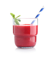 Glass of tasty raspberry smoothie on white background