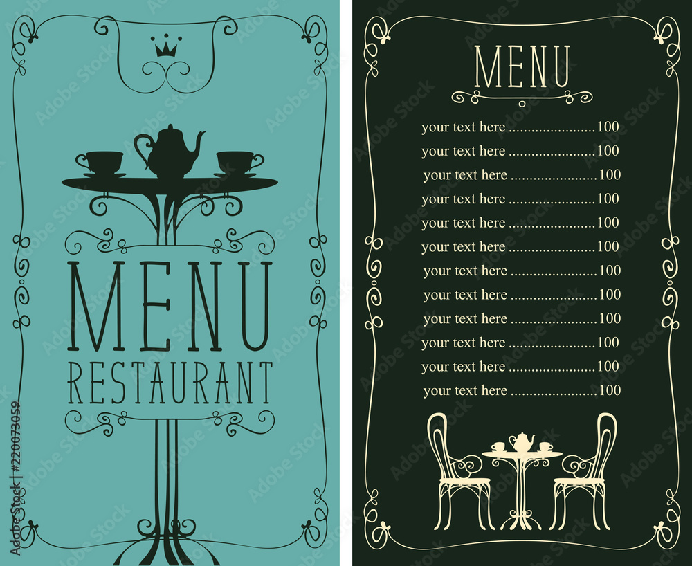 Poster vector menu for restaurant or cafe with a price list and a table for two, chairs and tea in a figure