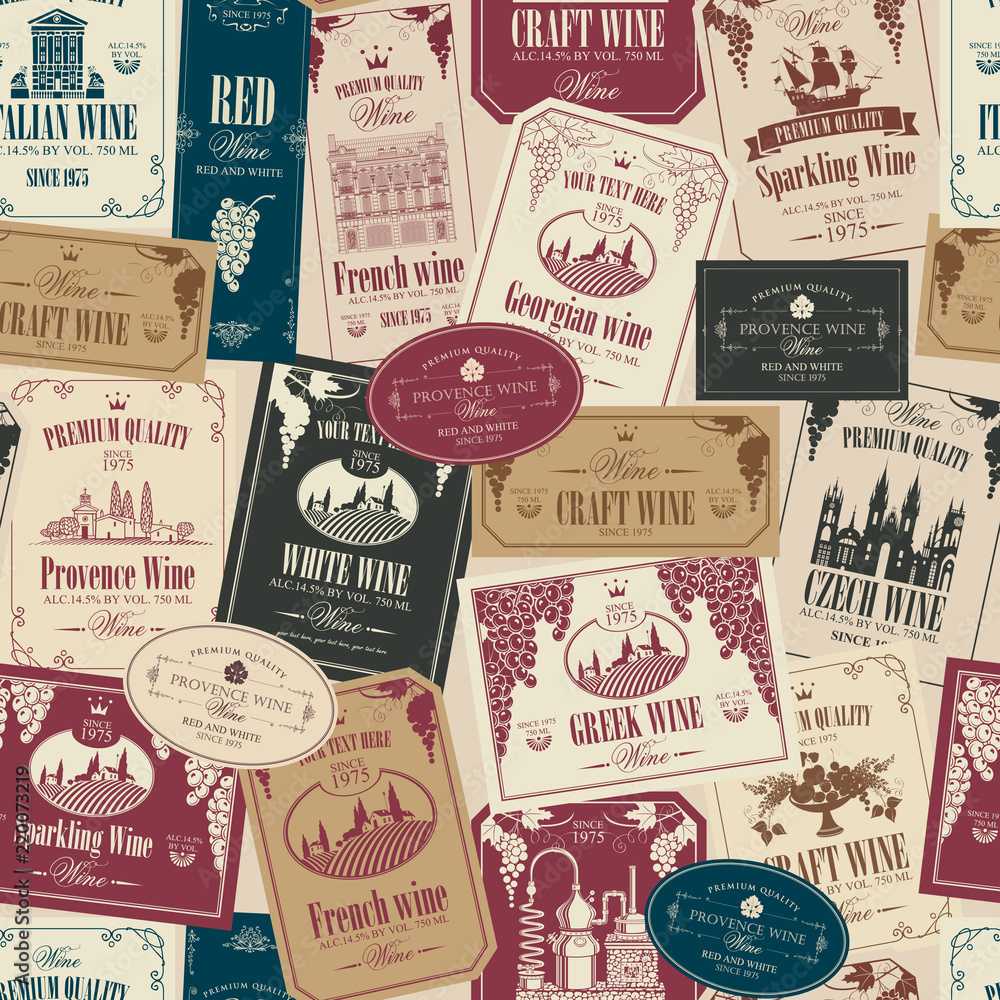 Poster vector seamless pattern on the theme of wine with various wine labels with images of grapes, landsca
