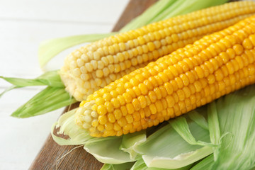Fresh corn cobs on wooden board, closeup
