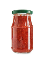 Jar with tasty sauce on white background