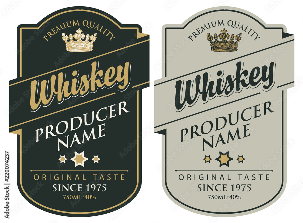 Poster set of two vector labels for whiskey premium quality in the figured frame with crown and calligraphi
