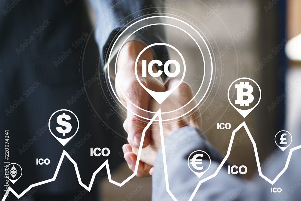 Poster businessman pushing button ico initial coin offering on chart on virtual panel.