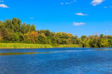 Summer landscape with beautiful river, green trees and blue sky