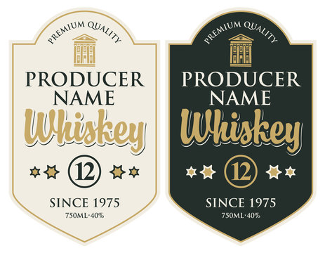Set of two vector labels for whiskey premium quality in the figured frame with old building and calligraphic inscription in retro style