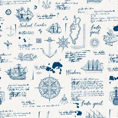 Fotobehang Vector abstract seamless background on the theme of travel, adventure and discovery. Old manuscript with caravels, wind rose, anchors and other nautical symbols with blots and stains in vintage style © paseven