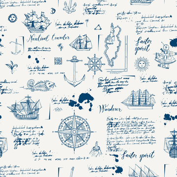 Vector abstract seamless background on the theme of travel, adventure and discovery. Old manuscript with caravels, wind rose, anchors and other nautical symbols with blots and stains in vintage style