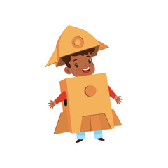 Cute little boy playing as astronaut, lovely kid in rocket costume made of cardboard boxes vector Illustration on a white background