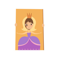 Cute little girl playing tantamaresque with the image of a princess made of cardboard box vector Illustration on a white background