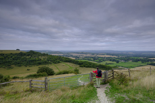 A middle aged male walker with backpack admiring the view from Beacon Hill and Harting Down in the South Downs National Park, Hampshire, UK