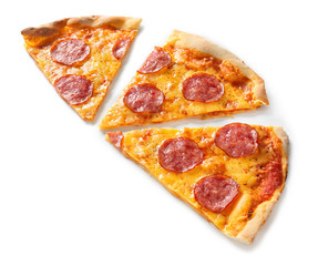 Slices of tasty Pepperoni pizza on white background