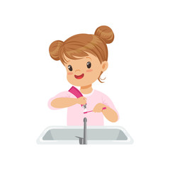 Fototapeta premium Girl squeezing tooth paste on a toothbrush, kid brushing her teeth in bathroom vector Illustration on a white background