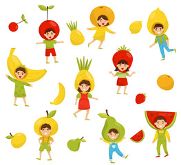 Flat vector set of children in different fruit hats. Cartoon kids characters in colorful costumes. Kindergarten theme