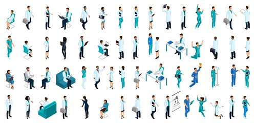 Fototapeta na wymiar Isometrics a large set of characters, people in medical clothes, a doctor, a surgeon, a nurse, a medical assistant, patients, paramedic