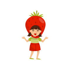 Lovely laughing girl in headdress in form of red strawberry. Cartoon kid character dressed as summer fruit. Flat vector design