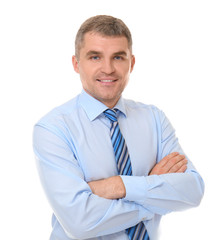 Handsome confident businessman on white background