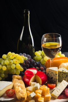 Wine Bottle, Wine Glass, Cheese Platter, Meat, Cherry Tomatoes