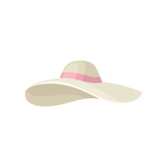 Elegant beige women s hat with pink ribbon. Stylish female headwear. Trendy summer accessory. Flat vector icon
