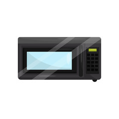 Microwave oven for cook or heat food. Household item. Modern technology. Flat vector for promo poster of kitchen appliance store
