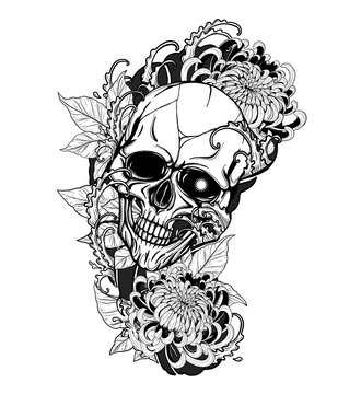 Skull with chrysanthemum tattoo by hand drawing.Tattoo art highly detailed in japanese line art style.Black and white line art pattern for paint