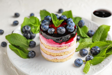 Delicious blueberry dessert on plate