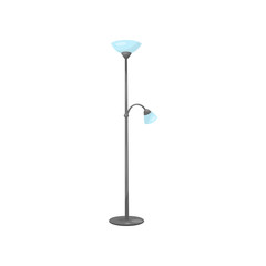 Metal floor lamp with two blue glass shades. House decor element. Modern torchere for living room interior. Flat vector icon